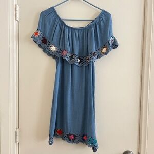 Beach by Exist Floral Crochet Mini Dress S/M Resort Boho Cottage Peasant Resort
